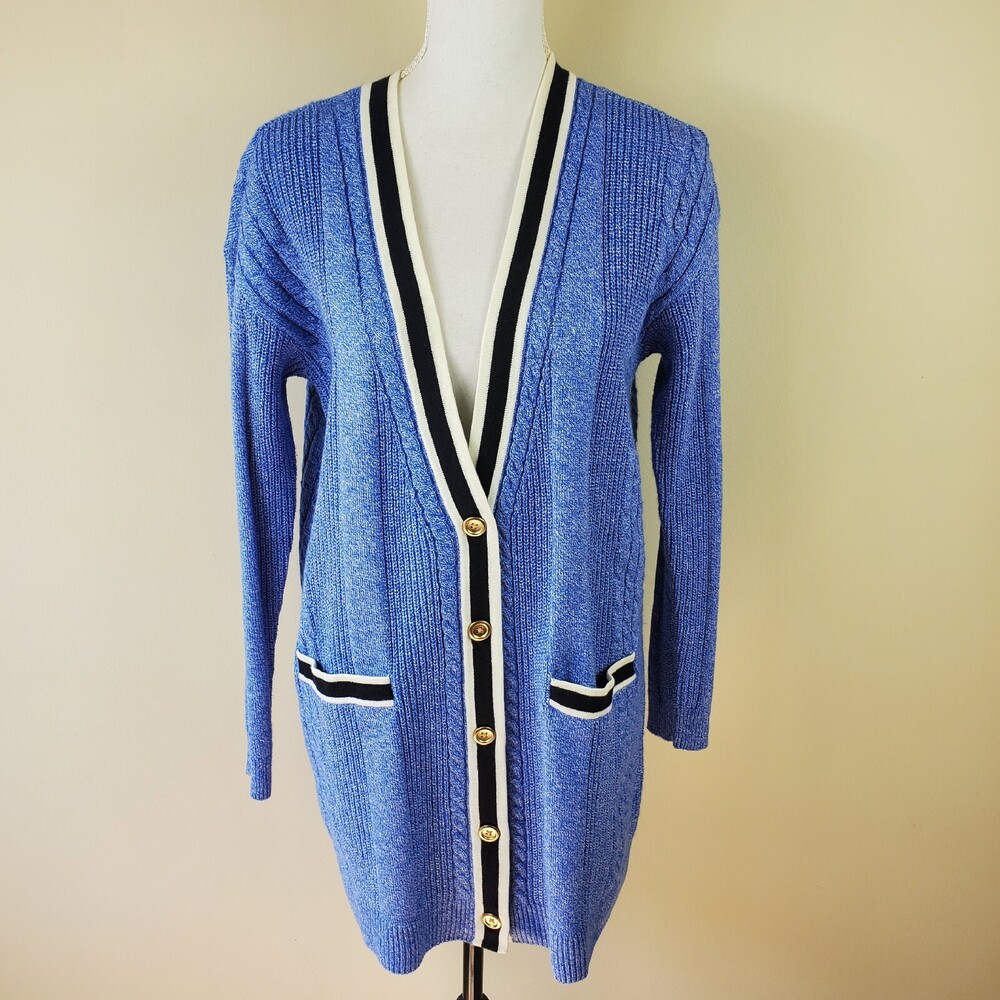 Talbots Womens Cardigan M Blue Cable Knit Tipped V Neck Long Sweater
